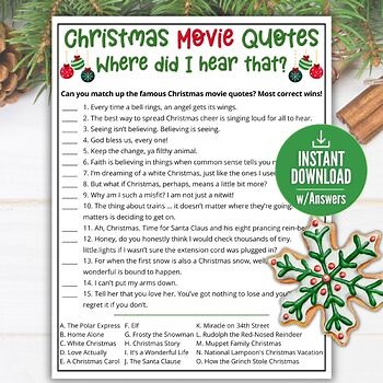 Christmas Movie Quote Game, Holiday Xmas Trivia Quiz for Kids, teens, teachers
