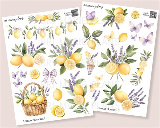Lemon Blossoms Sticker Sheet Set | Lemon Lavender Planner Stickers | Citrus Floral Journal Stickers | Spring Scrapbook Deco - Etsy