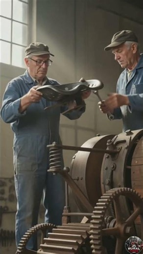 Skilled mechanics carefully assemble the parts of a vintage harvester machine.