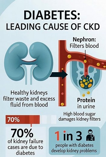 Diabetes: The Leading Cause of Chronic Kidney Disease (CKD) Diabetes isn’t just a condition of high blood sugar—it has powerful, long-lasting effects on nearly every organ in the body, especially the kidneys. In fact, diabetes is the number one cause of chronic kidney disease (CKD) worldwide, responsible for nearly half of all new cases every year. More than 1 in 3 people with diabetes will develop some level of kidney damage. Understanding the link between diabetes and kidney health is essentia