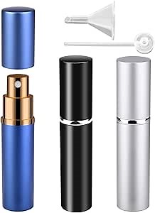 Portable Mini Refillable Perfume Bottle, 3 Pcs Travel Size Perfume Atomizer Empty Spray Bottle Case for Outdoor and Traveling with Funnel and Perfume Diffuser (B - 10ml (Black+Silver+Blue))