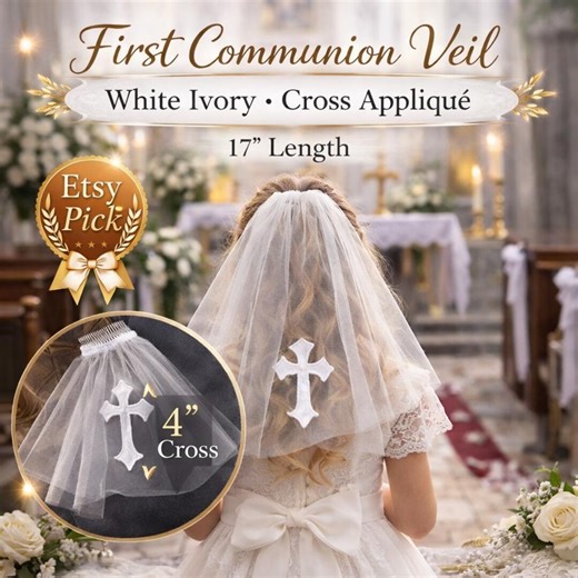 First Communion Veil With Cross Appliqué, Short Tulle Veil for Girls, Catholic Communion Veil, White Veil With Comb, Baptism Veil - Etsy