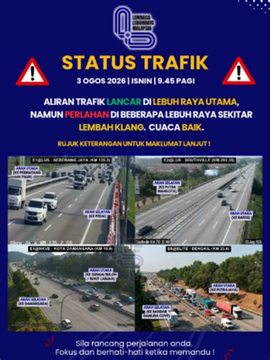 KEMAS KINI ALIRAN TRAFIK 🗓️ Tarikh: 3 Ogos 2026 (Isnin) ⏰ Masa: 9.45 Pagi 🌤️ ️Cuaca: Baik STATUS TRAFIK DI SEMUA LEBUH RAYA BERTOL DI SEMENANJUNG MALAYSIA 🛣️🛣️🛣️ Aliran trafik dilaporkan bergerak perlahan dan kelewatan dijangka berlaku di lokasi-lokasi berikut: 🔸 LEBUHRAYA BARU LEMBAH KLANG (NKVE)@E1 ➡️ Arah Utara: •\tSetia Alam ke Shah Alam ➡️ Arah Selatan: •\tSungai Buloh ke Kota Damansara, dan •\tKota Damansara ke Damansara (Susulan kemalangan di KM 18.9 arah Selatan, Lorong kecemasan t