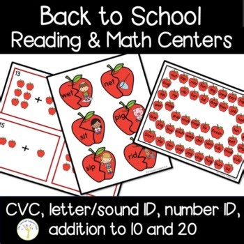Reading and Math Kindergarten & 1st Grade Center Activities Back to School Fall