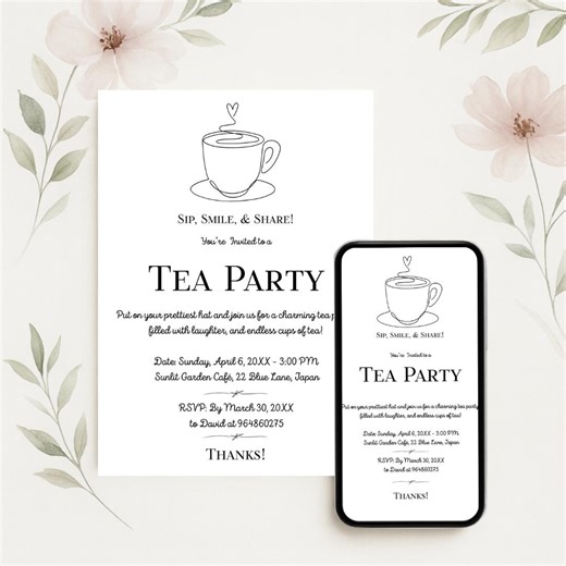 Tea Party Invitation Template | Minimal Elegant Tea Invite | Editable Canva Design | Animated E-vite | Digital Download - Etsy