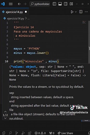 aprendiendo Python con ejercicios 14/100 pasa una cadena de mayúsculas a minúsculas #visualstudiocode #facultadautodidacta #python