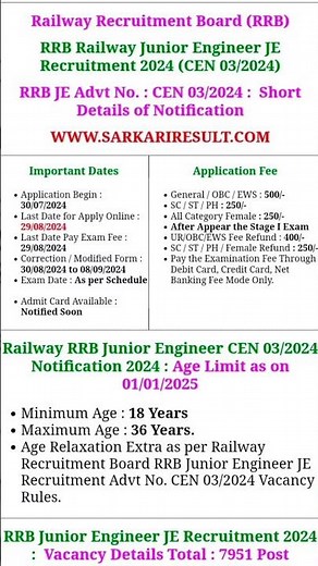 Railway Recruitment Board (RRB)RRB Railway Junior Engineer JE Recruitment 2024.