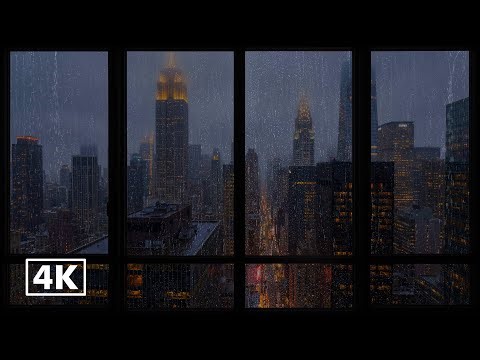 4K Rainy Night New York City Window View 🌧️ Gentle Rain Sounds & Urban Ambience for Sleep & Focus