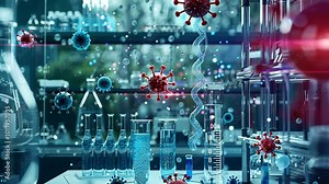 A laboratory setting with multiple beakers and vials, illustrating research on the coronavirus Stock Video