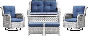 Wicker Patio Furniture Set: 6 Piece Outdoor Conversation Sets with Swivel Rocker Chairs, Patio Loveseat, Ottomans and Rattan Coffee Table for Porch Balcony Garden, Light Grey