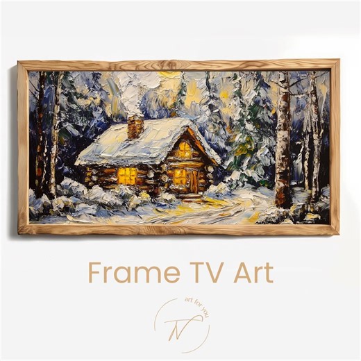 Winter Cabin in Snowy Forest TV Frame Art – Cozy Lighted Log Cabin Oil Painting Style Digital Download for Frame TV Decor - Etsy