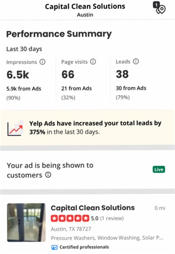 Yelp performance going crazy 📈⭐ People are finding us, booking us, and leaving 5-star reviews. This is what consistency quality work looks like. #YelpPerformance #5StarBusiness #CapitalCleanSolutions #ATXBusiness