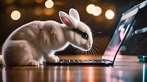 White Rabbit Uses Laptop at Night Generative AI