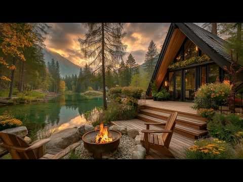 Cozy Spring Morning Porch Campfire Ambience🌸 | Relaxing Lakeside Nature Sounds