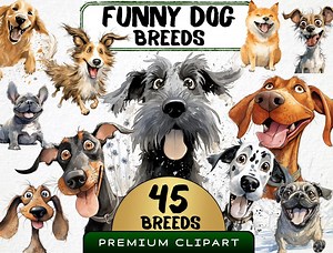 Watercolor Dog Clipart Bundle | Funny Caricature Dog Breeds PNG | Cartoon Puppy Illustrations | Pet Clipart Set | Dog Digital Download - Etsy UK