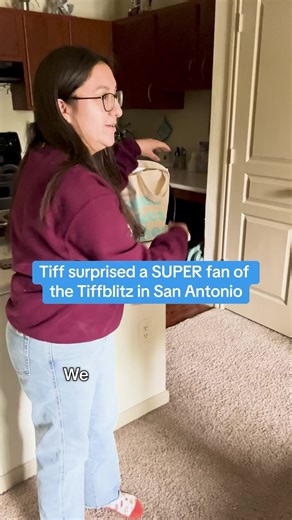 Day 100 of commenting to bring back the Tiffblitz… and Tiff shows up at your door. We surprised one of our biggest fans, Karina, with her own Tiffblitz supply to satisfy her obsession! She’s got us thinking.. should we bring back the Tiffblitz? 🤔 #TiffsTreats #Tiffblitz | Tiff's Treats