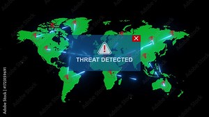 Red world map with glowing attack points and a central popup saying “THREAT DETECTED” to show a global cyber threat alert.