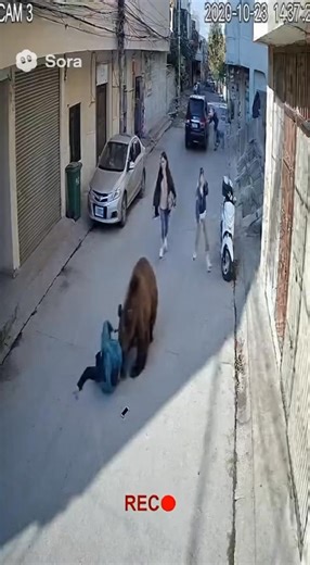 CCTV Wild Bear Attacks People on Street | Realistic Footage 😱😱 📝 Description: Shocking CCTV footage captures a wild bear entering a quiet town street and chasing people before running away. 🔖 Hashtags: #CCTV #BearAttack #Wildlife #RealFootage #StreetCCTV #ScaryMoment #ViralVideo | Sora2.0