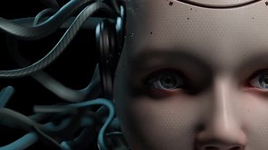 Futuristic Robotic Cyborg Face with Moving Cables