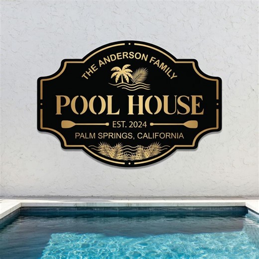 Personalized Pool House Sign - Custom Family Name Metal Sign - Outdoor Pool Decor - Backyard Patio Wall Art - Etsy