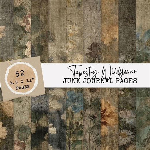 Tapestry Wildflower Junk Journal, Textile digital paper, Scrapbooking and Junk Journaling Papers, Digital Download