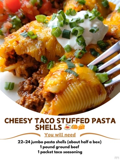 Cheesy ✨ Taco Stuffed Pasta Shells 🍝🌮🧀 Stuffed pasta shells brimming with creamy, cheesy taco filling – a family-friendly comfort meal! Ingredients 22–24 jumbo pasta shells (about half a box) 1 pound ground beef 🌎 | Grandma 's recipes