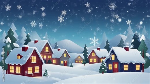 Peaceful Snowy Night in a Festive Holiday Village Animation.