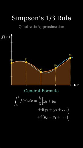 Cosmos in Motion on Instagram: "The Secret to Perfect Numerical Integration ! #Calculus #Math #SimpsonsRule #Integration #Mathematics #NumericalMethods Master numerical integration in seconds with this visual guide to Simpson's 1/3 Rule. This video breaks down complex math into a simple parabolic approximation that helps you estimate areas under curves with incredible accuracy. We walk through the derivation of the formula, from the basic quadratic fit for three points to the general formula use