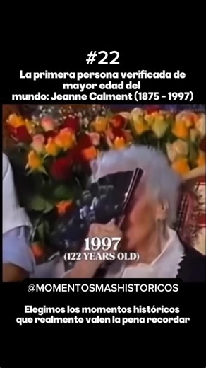 MOMENTOS MAS HISTORICOS on Instagram: "Jeanne Calment es la persona verificada más longeva de la historia, nacida en 1875 y fallecida en 1997 a los 122 años y 164 días. Su edad está documentada con registros oficiales, lo que la convierte en un caso único y plenamente confirmado en la historia de la humanidad. Vivió acontecimientos extraordinarios: vio construirse la Torre Eiffel, presenció dos guerras mundiales y fue testigo de avances tecnológicos impensables para su época. Su vida abarcó más 