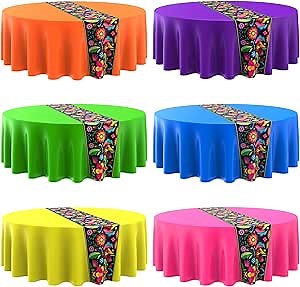 Oudain 6 Pcs Mexican Round Tablecloth 84 Inch Fiesta Plastic Table Cover Mexican Waterproof Disposable Table Cloth Decorative Day of the Dead Tablecloth(Multicolor)