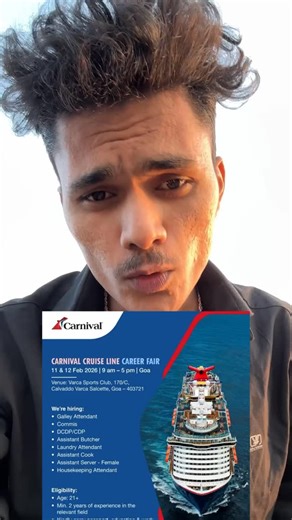 Cheflife👨‍🍳 on Instagram: "CARNIVAL CRUISE LINE CAREER FAIR 11 & 12 Feb 2026 | 9 am - 5 pm | Goa Venue: Varca Sports Club, 170/C, Calvaddo Varca Salcette, Goa - 403721 We’re hiring: • Galley Attendant • Commis • DCDP/CDP • Assistant Butcher • Laundry Attendant • Assistant Cook • Assistant Server - Female • Housekeeping Attendant Eligibility: • Age: 21+ • Min. 2 years of experience in the . #crush #cheflife #hôtels"
