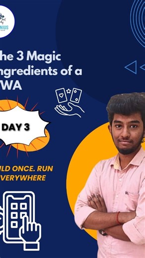 ProJenius | Freelancing & EduTech on Instagram: "The 3 Magic Ingredients of a PWA🤩 | Day 3 Progressive Web App Tutorial | Tamil 🚀 Welcome to Day 3 of the 15-Day PWA Challenge! Today, we uncover the 3 magic ingredients that make every Progressive Web App powerful: 1️⃣ Service Worker — background scripts that handle offline mode and notifications 2️⃣ Web App Manifest — defines your app’s name, icons, and theme 3️⃣ HTTPS — keeps everything secure Together, these three pillars make your website in