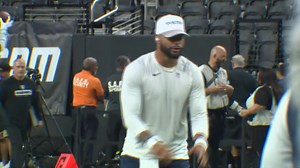 Dak Prescott going through a workout on the field, before the Cowboys preseason game today against the Raiders | Mike Leslie