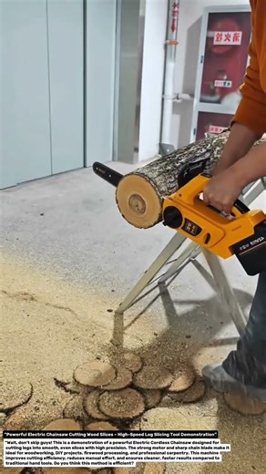 “Powerful Electric Chainsaw Cutting Wood Slices – High-Speed Log Slicing Tool Demonstration”.