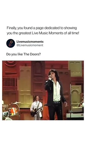 Live Music Moments on Instagram: "The Doors performed “Light My Fire” on The Ed Sullivan Show in 1967, marking the band’s first appearance on national television at the height of the song’s chart run. The performance was tense from the start, with the group standing stiffly under the studio lights while millions of viewers watched a band that already carried a reputation for unpredictability. Producers had asked singer Jim Morrison to change the lyric “girl, we couldn’t get much higher,” but he