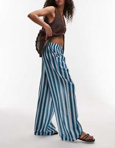 Topshop beach stripe tie waist voile pull on pants in turquoise | ASOS
