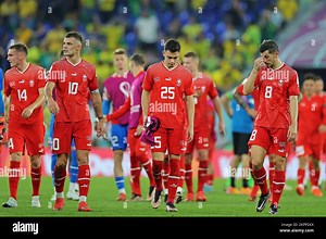 Doha, Qatar. 28th November 2022; Stadium 974, Doha, Qatar; FIFA World Cup Football, Brazil versus Switzerland; Michel Aebischer, Granit Xhaka, Fabian Rieder and Remo Freuler of Switzerland show their frustration as they lose by 1-0 Credit: Action Plus Sports Images/Alamy Live News Stock Photo - Alamy