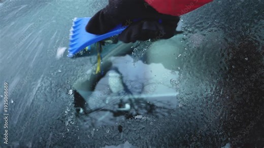An unidentified hand cleans the car window from ice. Preparing the car for a trip in winter. Car trips during bad weather, snow and freezing rain in winter. Car care in winter.