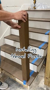 Jessica + Scott | DIY, Renovations & Home Building on Instagram: "Installing newel posts for stair railings! There are a few different ways to do this, here is how to install them a post fastener. You only need a few drill and a few different bits! #howtoinstall #newelpost #newstairs #zipbolt #stairpost #newrailings #ljstairs"