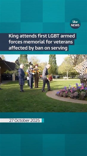 The King laid flowers at the UK’s first national memorial commemorating LGBT armed personnel, where he met veterans who were affected by the military’s former ban on serving #itvnews | ITV News
