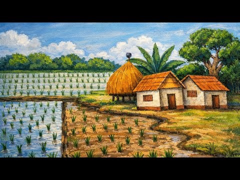 Village Rice Field Landscape Drawing Easy | Countryside Scenery Art | Simple Rural Village