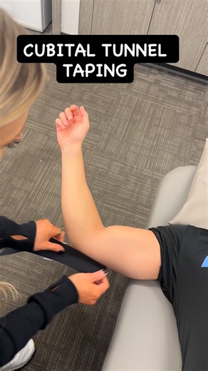 Brooke Livesey, OTR/L, CHT on Instagram: "Cubital tunnel acting up? 👋😣 KT tape can be a helpful option—there are many taping methods, but this is one my patients tend to really like! 🧠 Gate Control Theory: stimulates large nerve fibers to help dial down pain signals ✨ Helps reduce pressure on the ulnar nerve ✨ Provides gentle support & postural cueing ✨ May calm symptoms during daily activities KT taping isn’t a standalone fix—but when paired with therapy (nerve glides, activity modification,