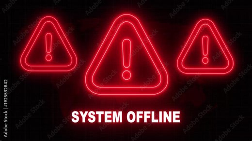 System offline alert warning. Cybersecurity defense and secure digital systems protection against cyberattacks. urgent threat notification concept with glowing red hazard icon.