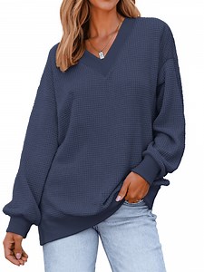 Fantaslook Waffle Knit Womens Sweatshirts Long Sleeve V Neck Shirts Pullover Casual Outfits Loose Fall Tops