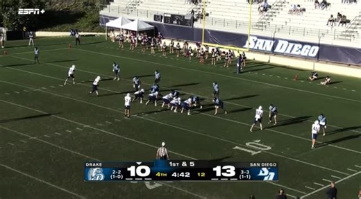 𝐃𝐑𝐀𝐊𝐄 𝐋𝐄𝐀𝐃𝐒 Q4 - 4:38 | Drake 16, San Diego 13 Inagawa enters and scores to put the Dogs on top. #DSMHometownTeam | Drake Football