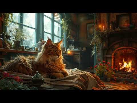 3h Feu de cheminée 4K avec un chat. Musique jazzy romantique. Relaxation calme #meditation