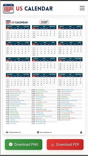 Free Printable Calendar 2027 United 🇺🇸 States with Federal Holidays, Festivals, and Important Dates
