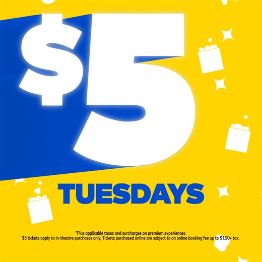 🎉 Guess what’s back? $5 Tuesdays! 🍿✨ Grab $5 general admission tickets and $5 small popcorn on April 22nd and 29th only. 🍿✨ | Cineplex