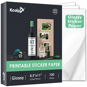 Koala Glossy Sticker Paper 8.5x11 for Inkjet Laser Printers, Printable Glossy Photo Sticker Paper 36lb 100 Sheets for DIY Stickers, Labels, Decals