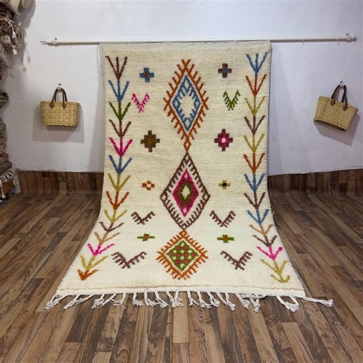 Authentic Azilal Moroccan Rug Colorful Abstract Symbolic Berber Hand-knotted Ivory Plush Wool Shag Carpet - Etsy